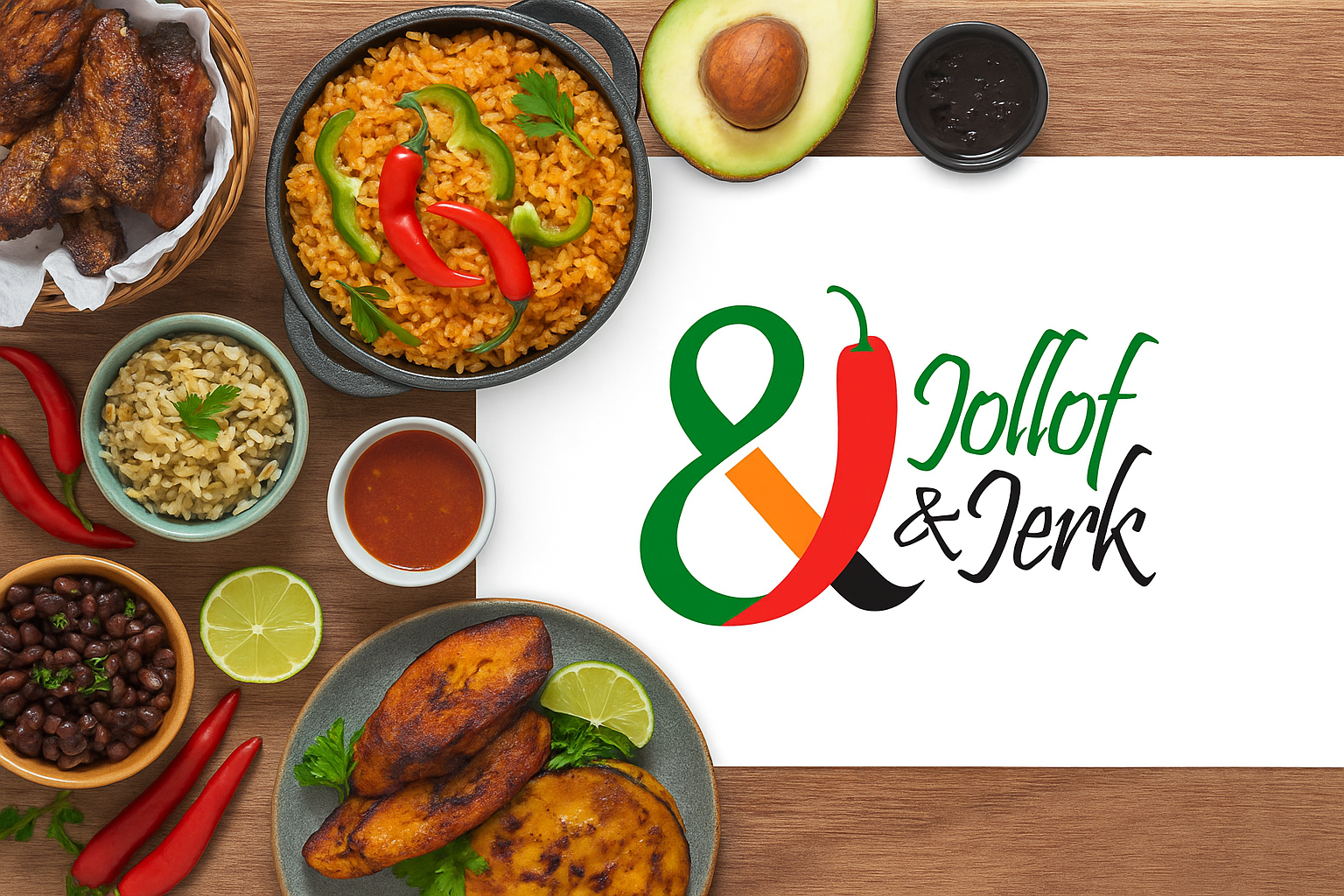 Jollof, plantain and jerk chicken spread